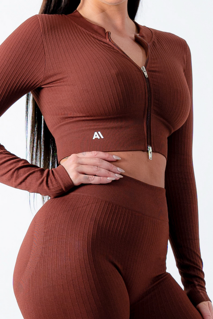 Amy Ribbed Zip Long Sleeve Top/Jacket Brown - Artemis Active