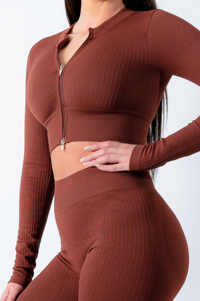 Amy Ribbed Zip Long Sleeve Top/Jacket Brown - Artemis Active