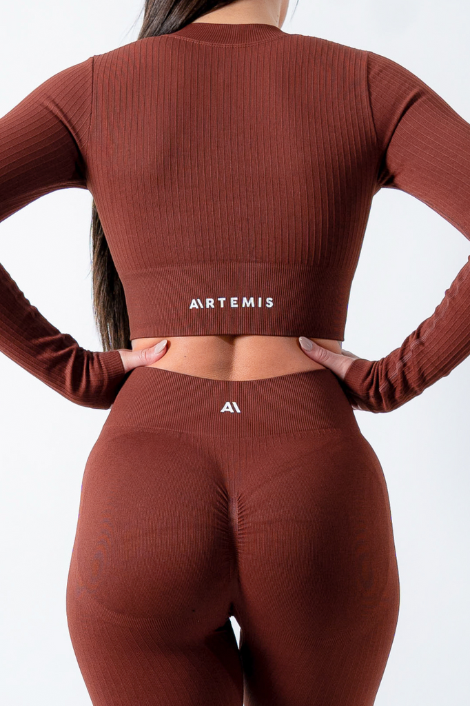 Amy Ribbed Zip Long Sleeve Top/Jacket Brown - Artemis Active