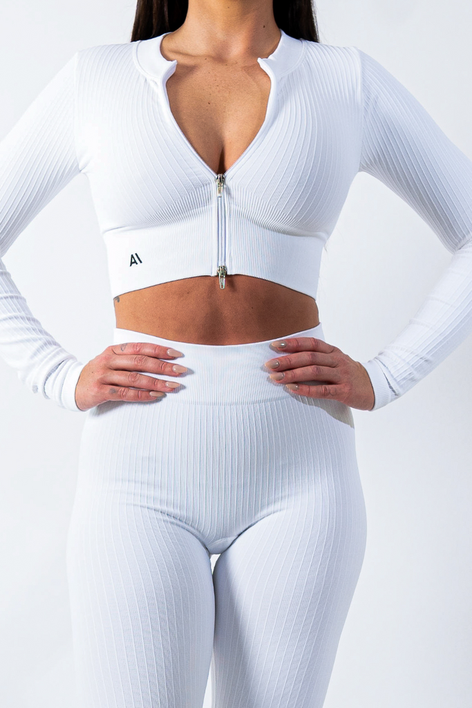 Amy Ribbed Zip Long Sleeve Top/Jacket White - Artemis Active