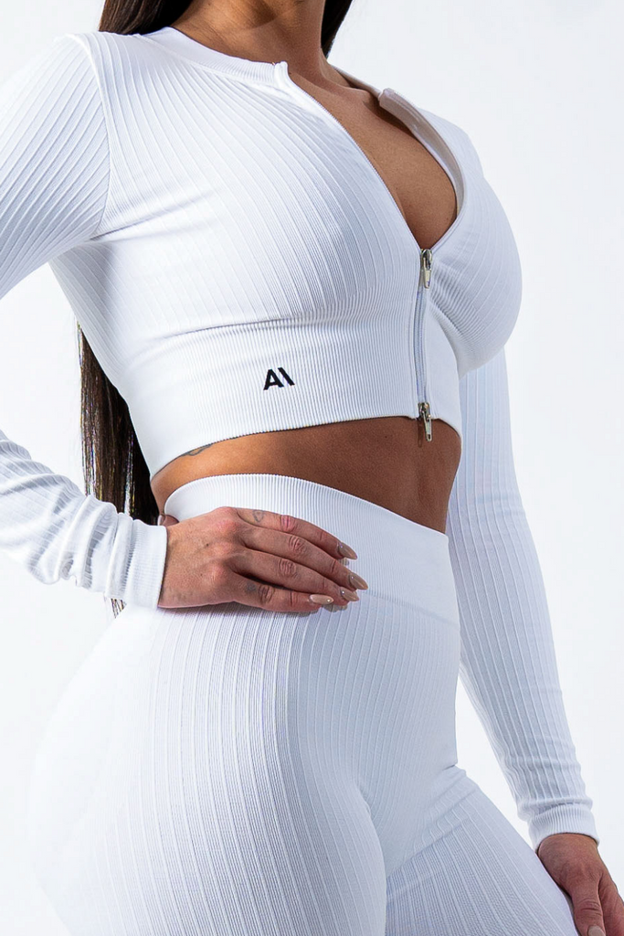 Amy Ribbed Zip Long Sleeve Top/Jacket White - Artemis Active