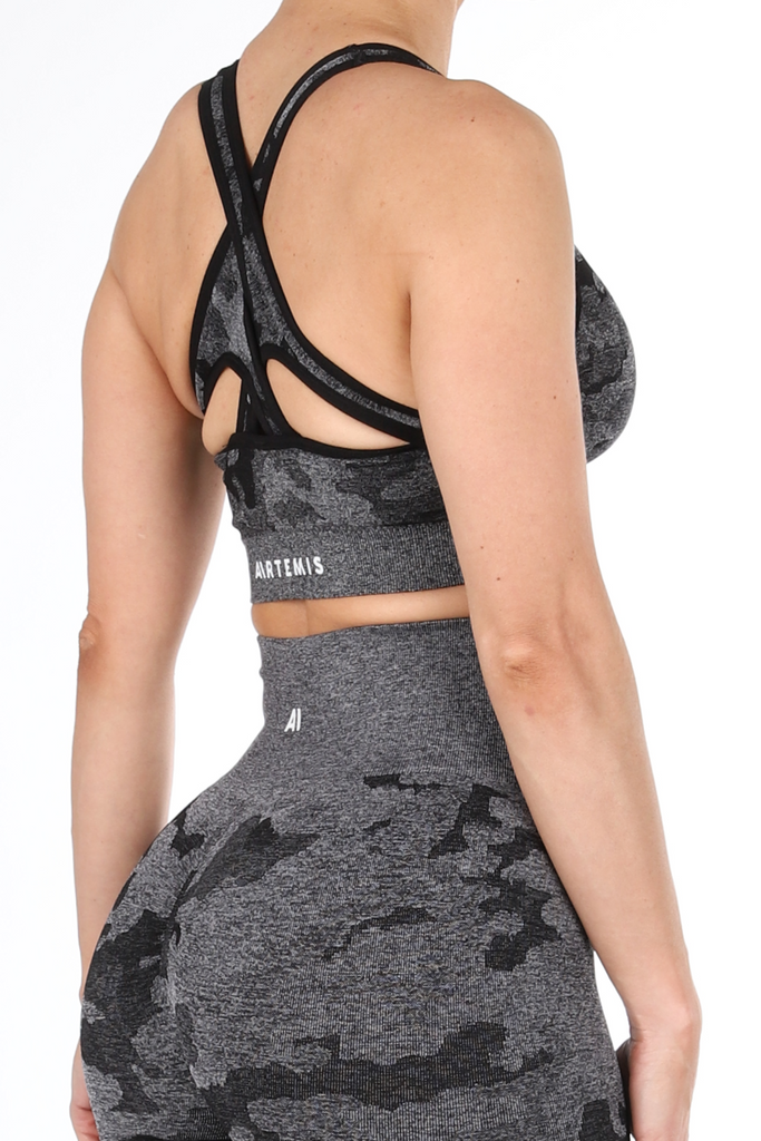 Camden Camo Sports Bra Charcoal - Artemis Active