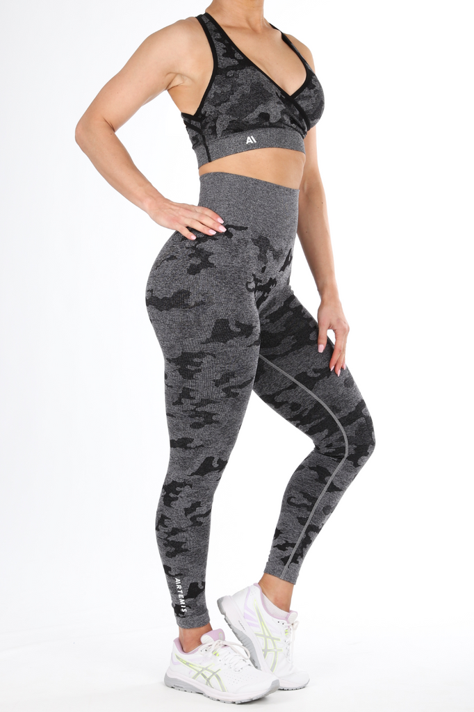Camden Camo Sports Bra Charcoal - Artemis Active