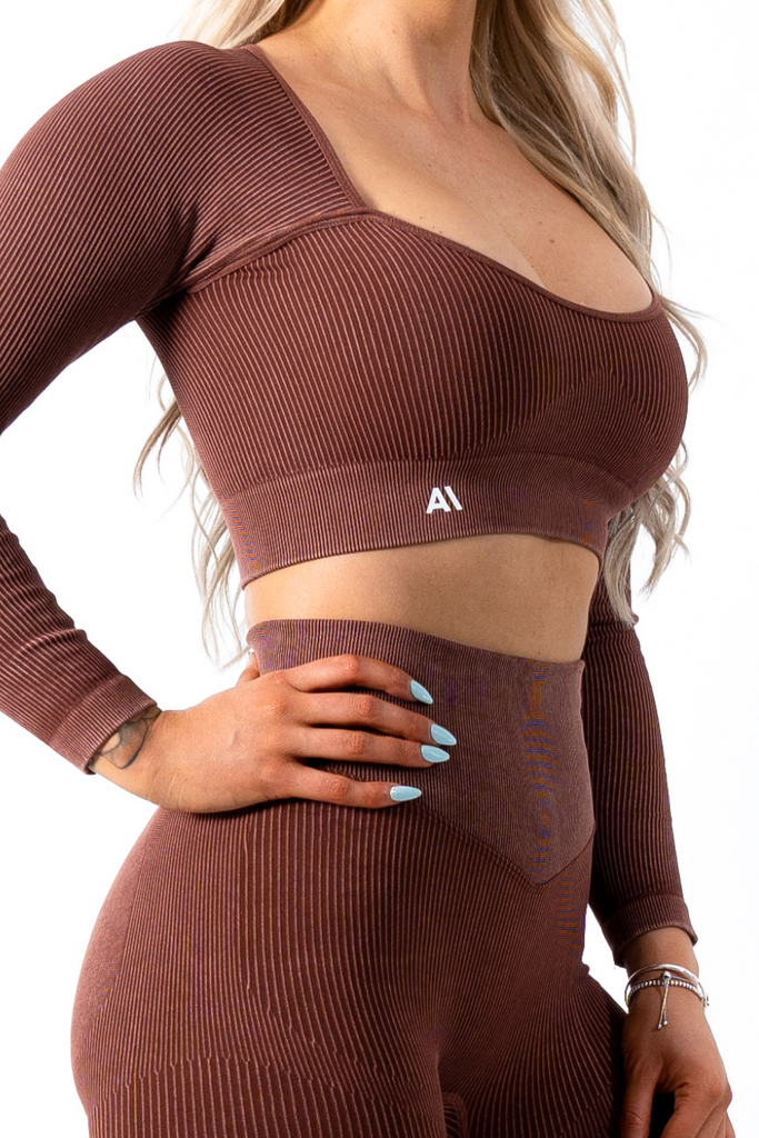 Ruby Rib Long Sleeve Crop Top Brown - Artemis Active