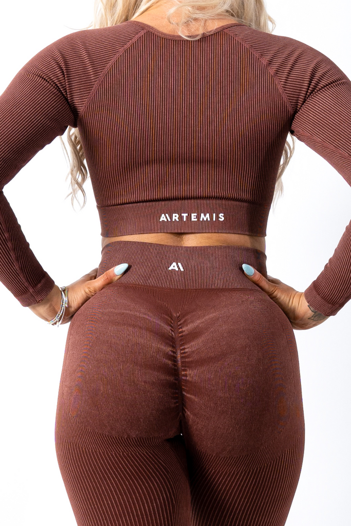 Ruby Rib Long Sleeve Crop Top Brown - Artemis Active