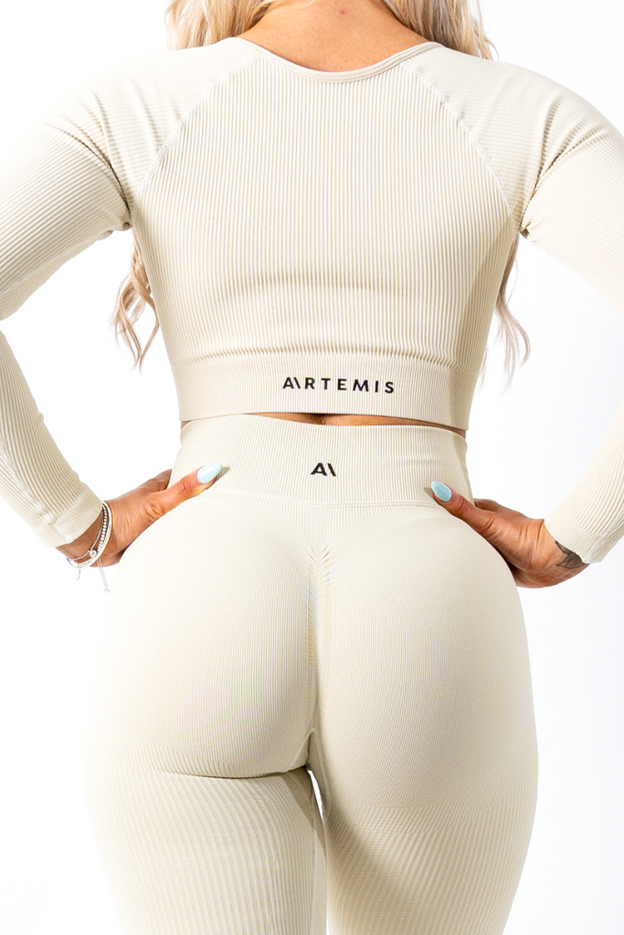 Ruby Rib Long Sleeve Crop Top Cream - Artemis Active